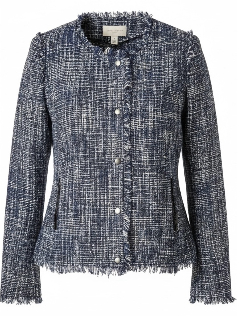 Halogen Blue Tweed Knit Blazer Jacket L Frayed Raw Trim Zip Pockets Classic